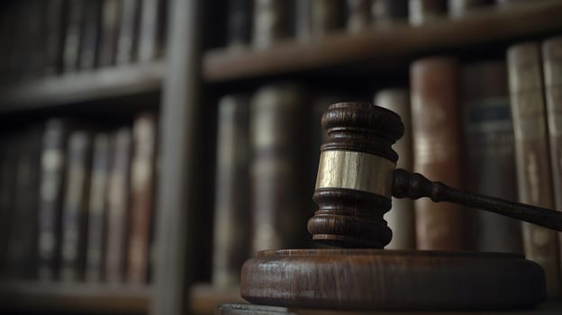 A wooden gavel resting on a desk in front of a library of books.