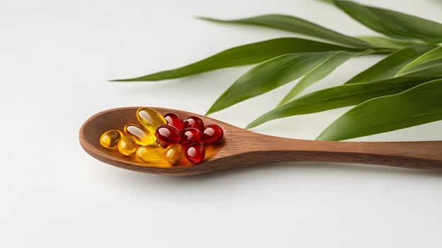 A wooden spoon holds colorful capsules against a leafy background.