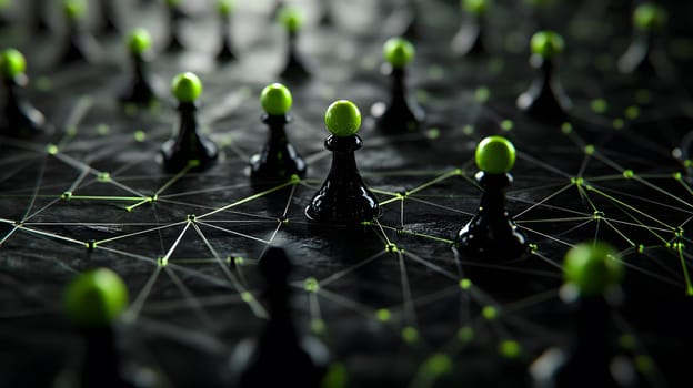 Abstract chessboard with black pawns and green spheres on a network.