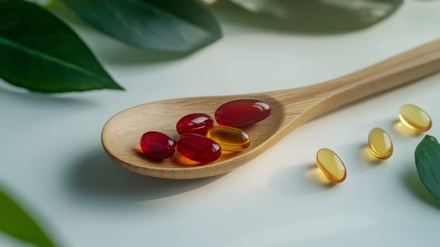 A wooden spoon holds various colorful dietary capsules.