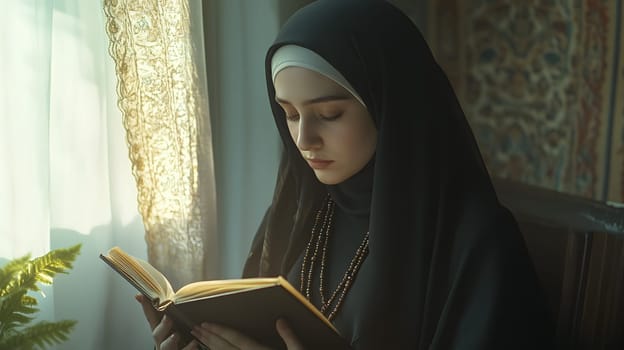 A young woman in a hijab reads a book by a window.
