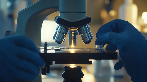 Close-up of a microscope being used for scientific analysis.