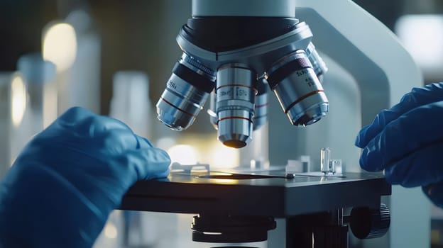 Close-up of a microscope examining a sample in a lab setting.