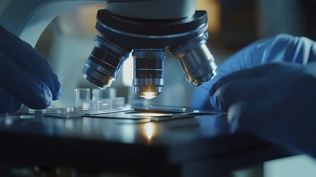 Close-up of a microscope with hands preparing a slide for examination.