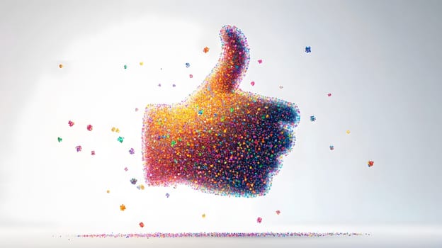 Colorful 3D thumbs-up shape made of vibrant particles.