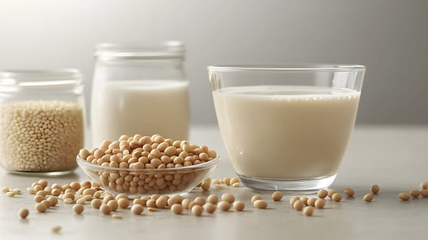 Ingredients for making soy milk displayed in various containers.