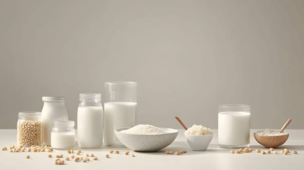 Various milk types and ingredients arranged on a neutral background.