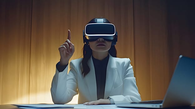Woman in VR headset demonstrating technology in a professional setting.