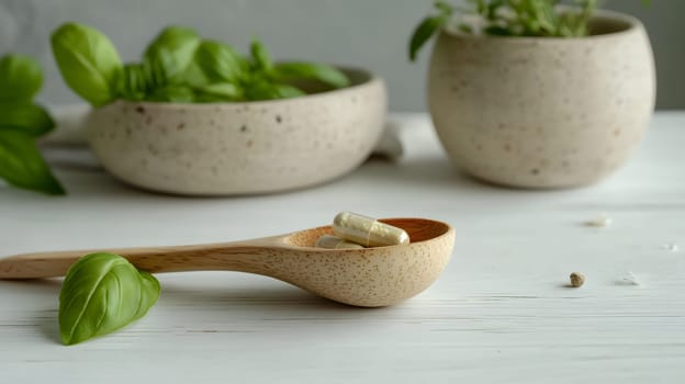 Wooden spoon with capsules and fresh herbs in a serene setting.
