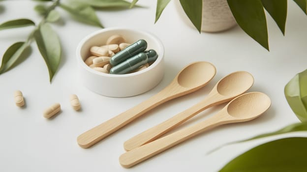 Wooden spoons and dietary supplements arranged with greenery.
