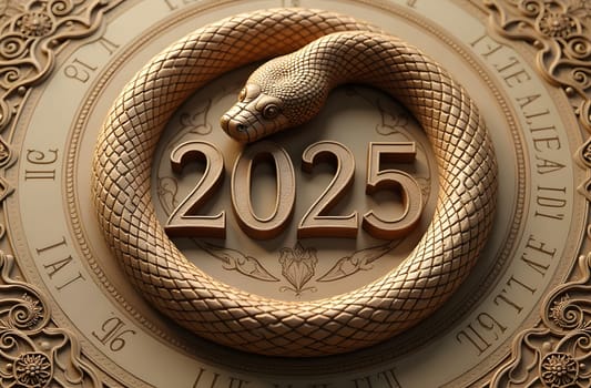A snake forms a circular shape, symbolizing the eternal cycle of time, as it coils around the symbol of the year 2025. The image reflects continuity, tradition, and the passing of time. High quality photo