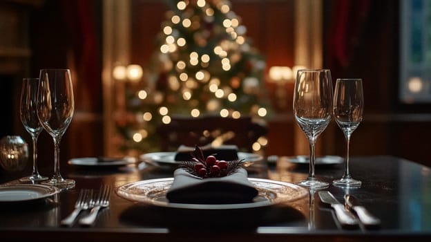 Christmas tablescape decoration, formal family dinner holiday celebration, luxury table setting decor, English country and home style idea