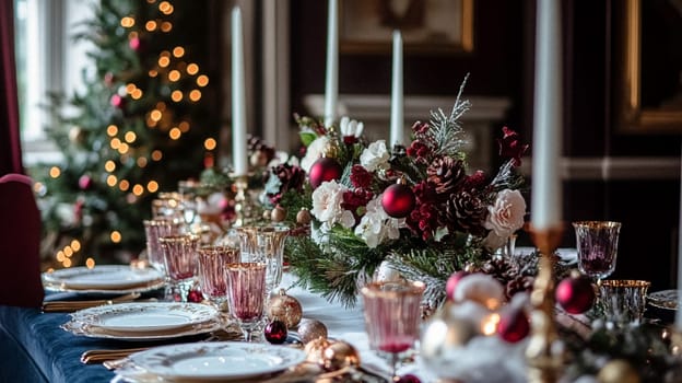 Christmas tablescape decoration, formal family dinner holiday celebration, luxury table setting decor, English country and home style idea