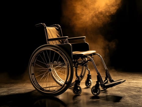An empty wheelchair illuminated by warm, dramatic lighting against a dark background. The image evokes themes of mobility, independence, and healthcare support in challenging circumstances.