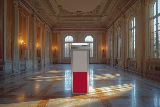 An exquisite and captivating interior that features a voting box placed elegantly within a lavish historical setting