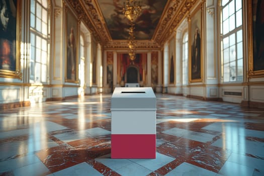 An elegantly designed ballot box placed within an opulent, historic environment, symbolizing civic engagement