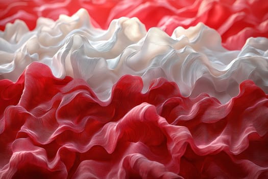 A close-up view of vibrant red and white textured fabric, showcasing elegant ruffles and intricate details.