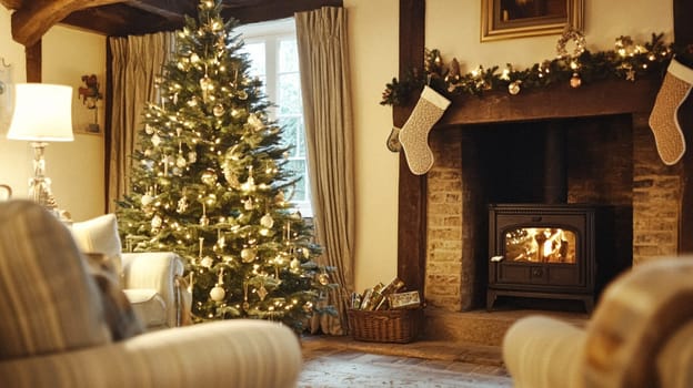 Christmas, holiday decor and country cottage style, cosy atmosphere, decorated Christmas tree in the English countryside house living room with fireplace, interior decoration idea