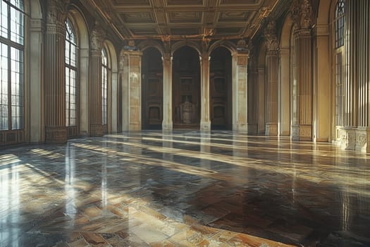 The stunning empty hall is showcasing its beautiful architecture along with captivating reflective surfaces