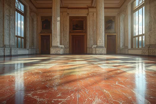 This spacious and ornate room features grand columns along with a beautifully illuminated wooden floor