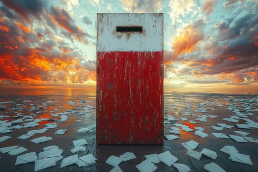 A weathered voting box stands proud under a stunning sunset, symbolizing democracy and electoral participation