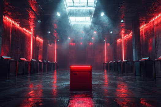 A striking futuristic space illuminated by red lights, featuring reflective surfaces and an enigmatic ambiance.