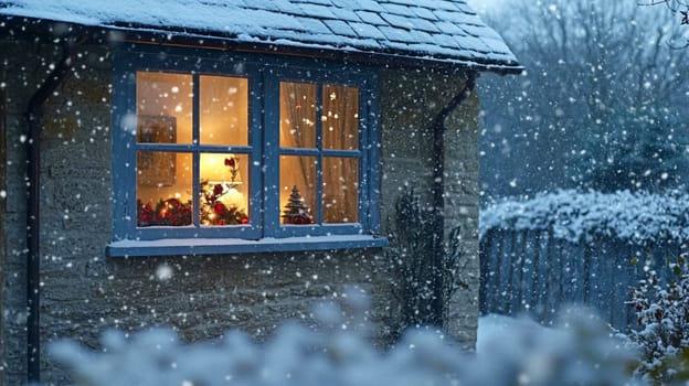Christmas in the countryside, cottage decorated for holidays on a snowy winter evening with snow and holiday lights, English country styling inspiration