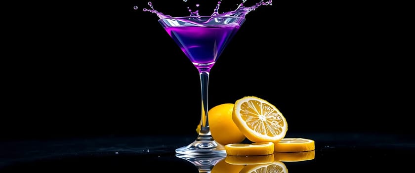 A vibrant purple cocktail splashes energetically from a martini glass, set against a sleek black backdrop. Accompanied by a neatly sliced lemon, the scene evokes a lively, sophisticated vibe.