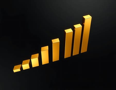 Gold bars ascend in size, rising dramatically against a stark black backdrop. The scene exudes growth and prosperity, each bar standing taller than the last, symbolizing upward progression.