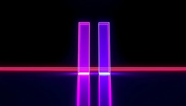 Two luminescent pillars, one pink and one purple, stand side by side in a dark, neon-lit setting. The mood is futuristic and vibrant, with reflections shimmering on the ground.