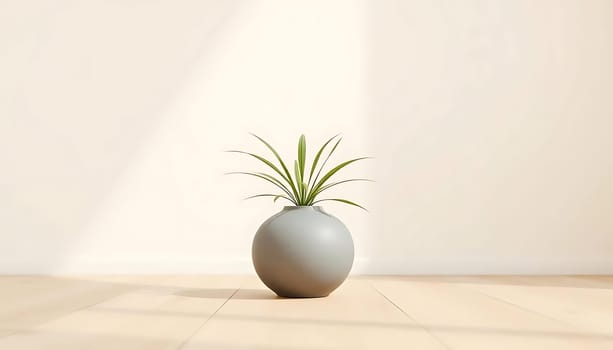 A solitary spider plant nestles in a round, gray vase, casting a gentle shadow on the wooden floor. The minimalist setting exudes tranquility, emphasized by the soft, natural light from a window. The scene is simple yet calming, offering a peaceful indoor moment.
