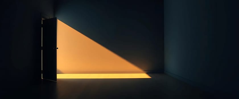 A sliver of light pierces through a slightly ajar door in a dark room, casting a warm, triangular glow onto the floor, creating a sense of mystery and hope.