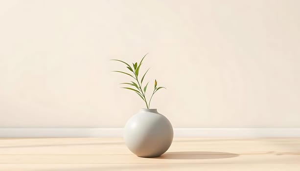 A solitary white vase holding a single green stem sits on a light wooden surface, casting subtle shadows. The minimalist design evokes a serene, calming mood against a soft beige backdrop.