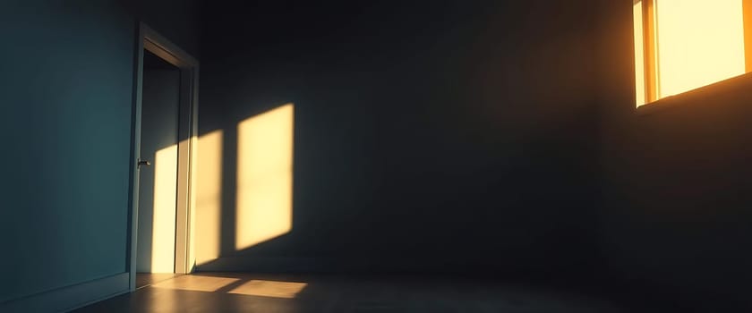 A solitary door stands ajar in a dimly lit room, inviting golden sunlight to stream in, casting stark, elongated shadows. The tranquil contrast of light and dark evokes a sense of calm and mystery. The hardwood floor reflects the soft glow, enhancing the serene ambiance.