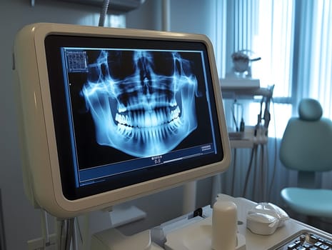 A close-up of a digital dental X-ray on a monitor in a modern dental clinic. The high-tech equipment emphasizes precision, advanced care, and the importance of oral health diagnostics.