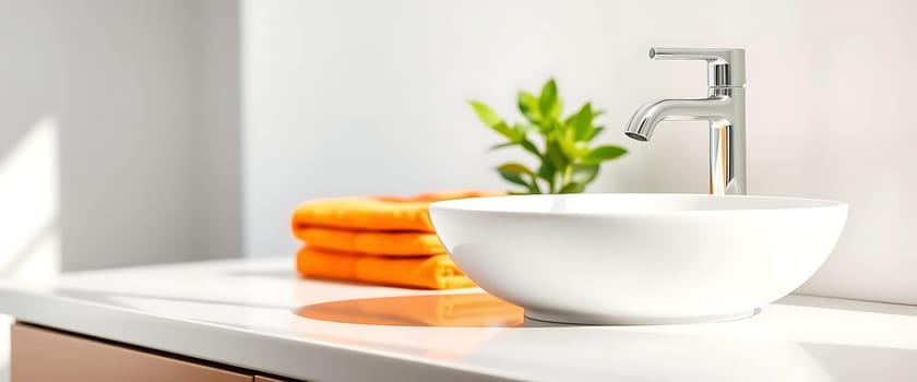 A sleek, modern bathroom sink is the focal point, with a polished chrome faucet glistening under soft light. Vibrant orange towels neatly folded beside a lush green plant create a refreshing contrast against the pristine white countertop and walls, evoking a sense of cleanliness and tranquility.