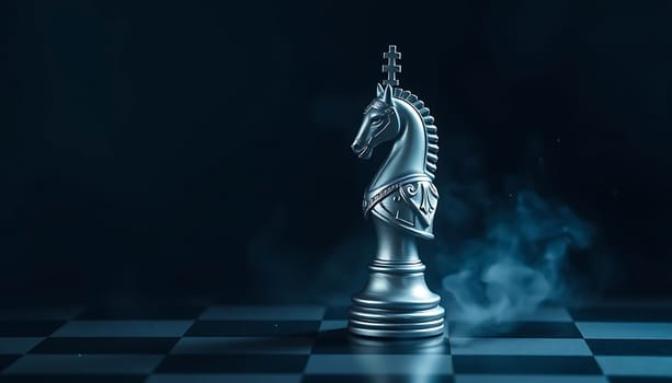 A solitary metallic knight stands proudly on a checkered board, bathed in a mysterious blue mist. The mood is intense, evoking strategy and focus, highlighted by the detailed craftsmanship of the knight and the eerie, dark background.