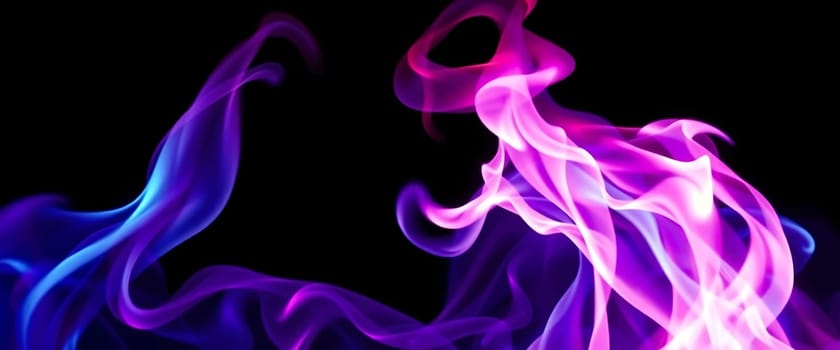 Vibrant purple and blue flames dance on a black backdrop, evoking a mystical, otherworldly atmosphere. The swirling smoke creates a sense of fluid motion, captivating and dynamic.