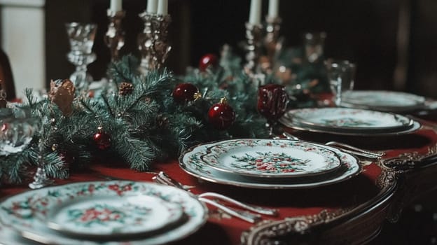 Christmas tablescape decoration, formal family dinner holiday celebration, luxury table setting decor, English country and home style idea