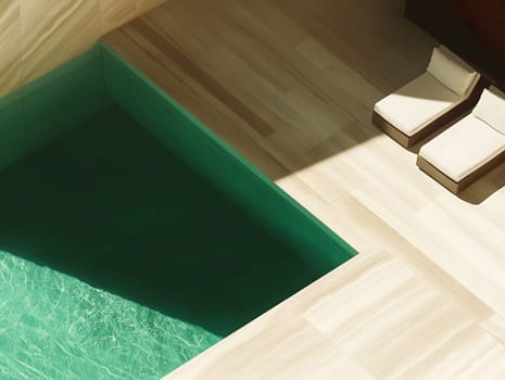 A luxurious outdoor pool with crystal-clear water, surrounded by minimalist wooden flooring and two sun loungers. The natural lighting and clean design create a tranquil, elegant atmosphere.