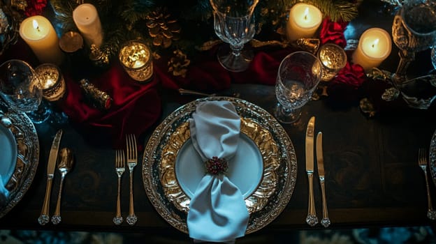 Christmas tablescape decoration, formal family dinner holiday celebration, luxury table setting decor, English country and home style idea