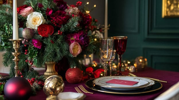 Christmas tablescape decoration, formal family dinner holiday celebration, luxury table setting decor, English country and home style idea
