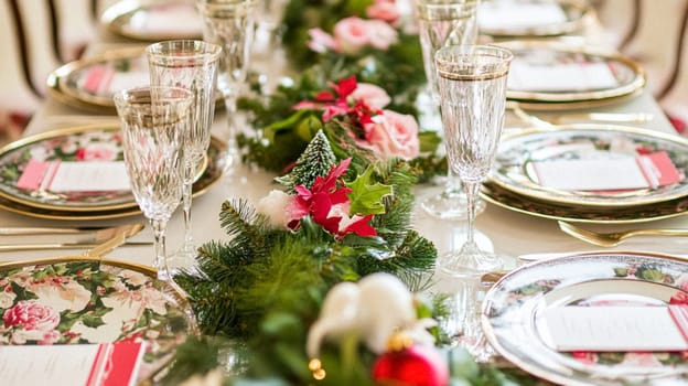 Christmas tablescape decoration, formal family dinner holiday celebration, luxury table setting decor, English country and home style idea