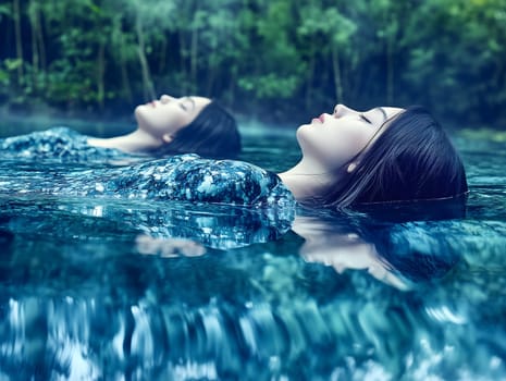 Two serene women float effortlessly on the surface of tranquil blue water, surrounded by lush green trees. Their peaceful expressions evoke themes of harmony, relaxation, and connection with nature.