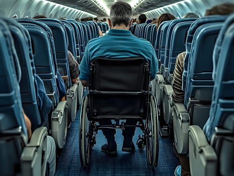 A man in a wheelchair positioned in the aisle of an airplane cabin. The scene highlights accessibility and inclusivity in modern air travel, emphasizing comfort and support for passengers with disabilities.