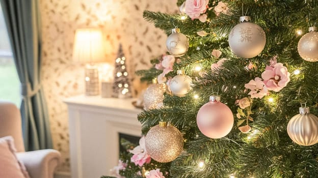 Christmas, holiday decor and country cottage style, cosy atmosphere, decorated Christmas tree in the English countryside house living room with fireplace, interior decoration idea
