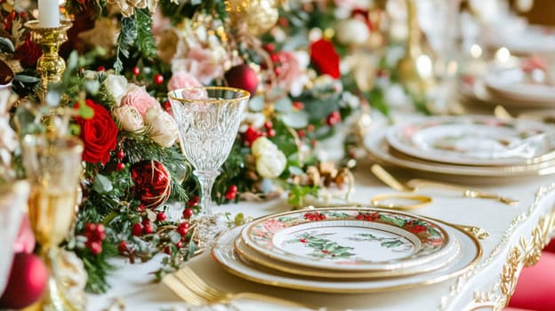 Christmas tablescape decoration, formal family dinner holiday celebration, luxury table setting decor, English country and home style idea