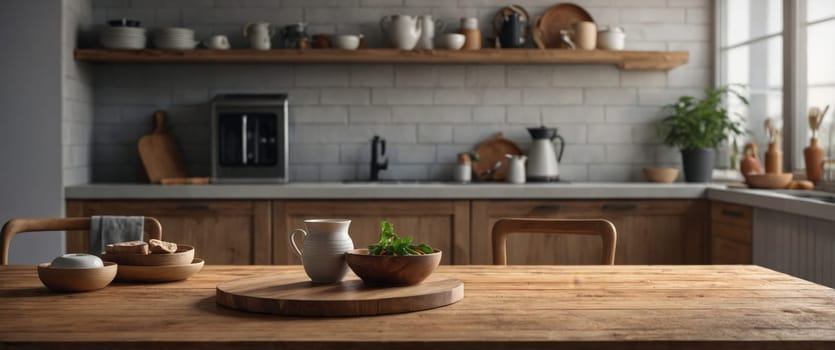 Rustic kitchen interior with wooden table in the foreground. Blurred background with kitchen utensils and decorations on shelves and counter. There is a bowl of oranges and broccoli on the table.