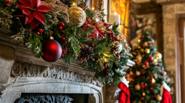 Christmas, holiday decor and country cottage style, cosy atmosphere, decorated Christmas tree in the English countryside house living room with fireplace, interior decoration idea