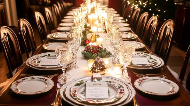 Christmas tablescape decoration, formal family dinner holiday celebration, luxury table setting decor, English country and home style idea